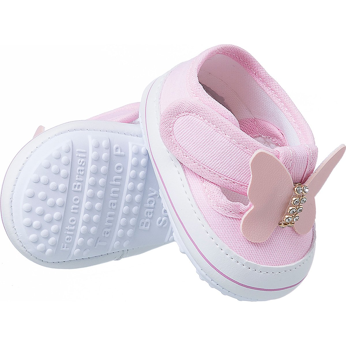 Sapatilha Infantil Meninas Antiderrapante Borboleta Baby Soffete Jeans  Claro/Rosa